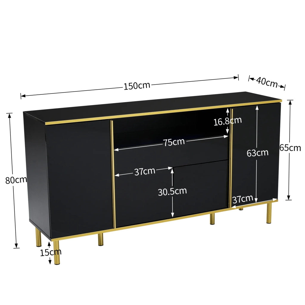 Sideboard nero lucido con 1 cassetto, 150x40x80 cm
