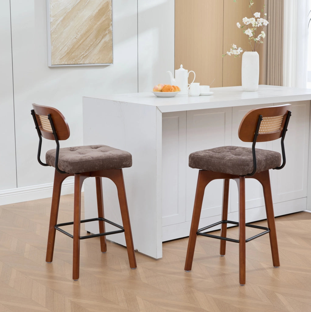 Set di 2 sgabelli da bar girevoli a 360°, con schienale in rattan e seduta imbottita in chenille, stile Mid-Century, colore marrone