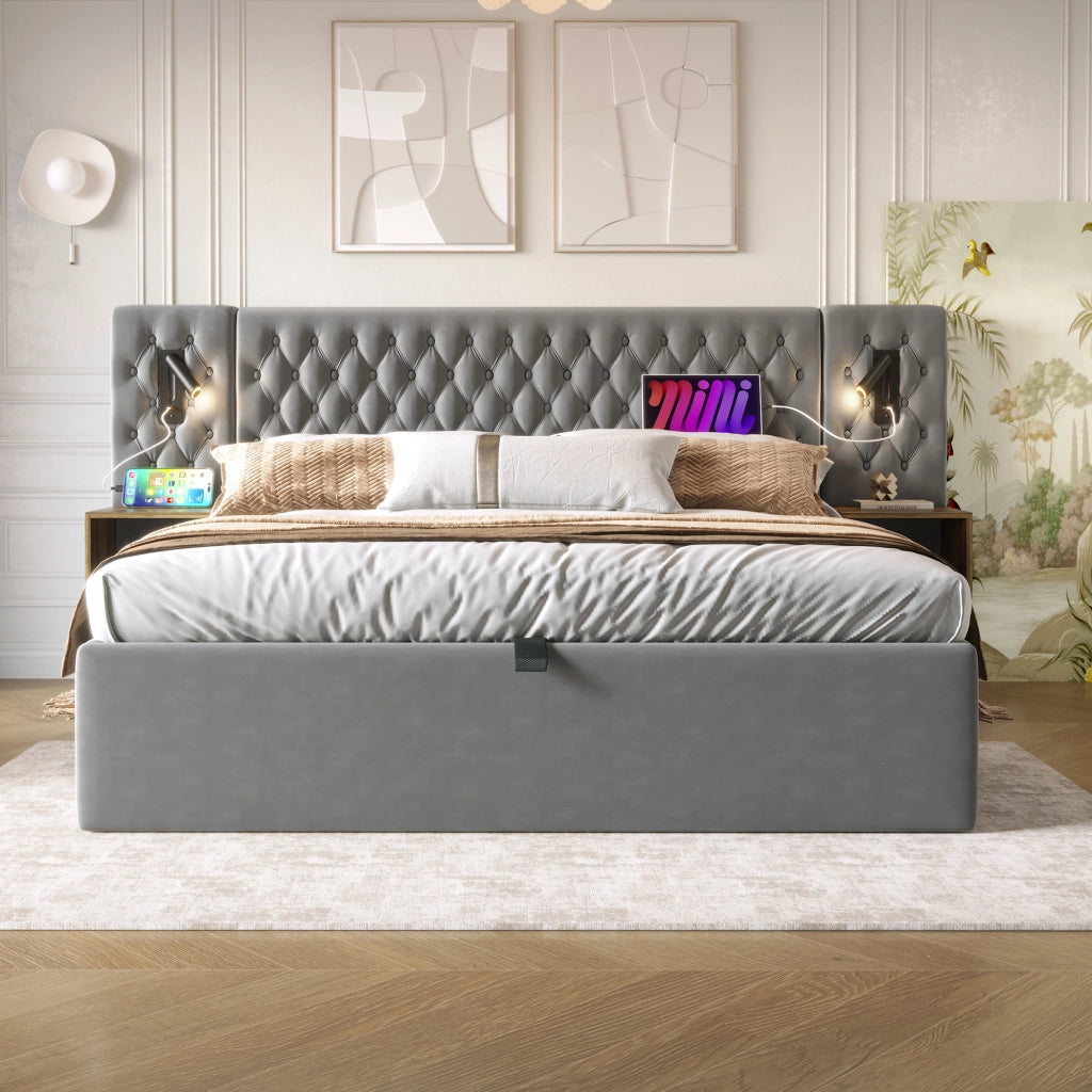 Letto matrimoniale 180 ¡Á 200 cm con contenitore idraulico in velluto grigio testiera con luci USB e Type-C