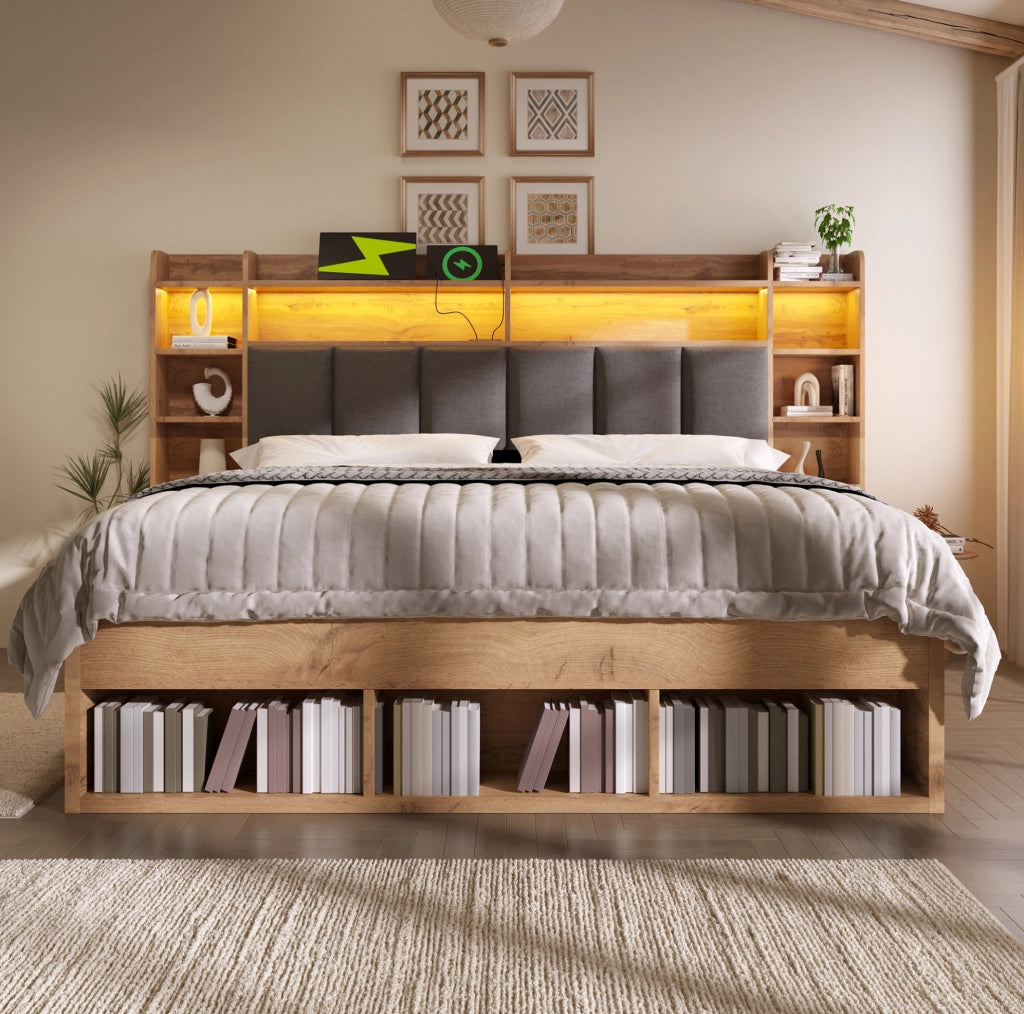 Letto 180x200 cm con LED, USB e cassetti in MDF e metallo color rovere