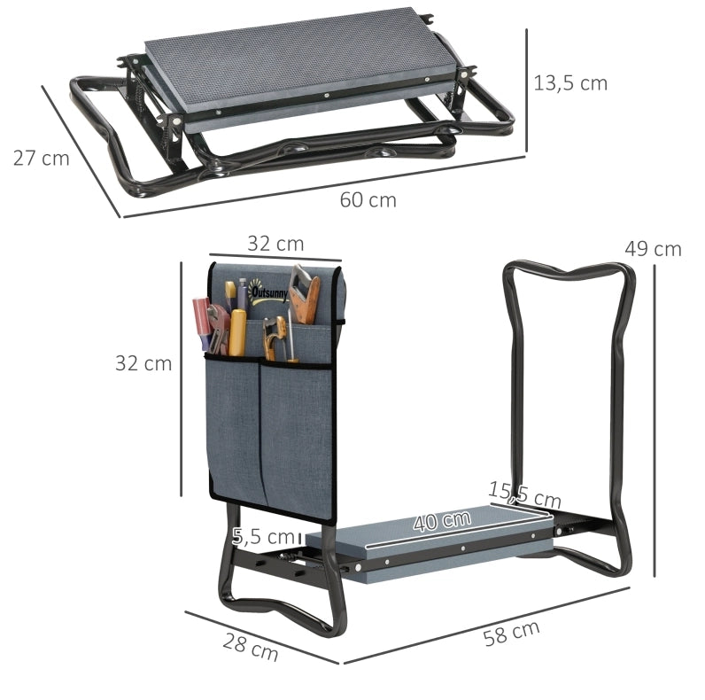Panchetta pieghevole per giardinaggio con cuscino per ginocchia, portautensili, acciaio, 58x28x49 cm, grigio