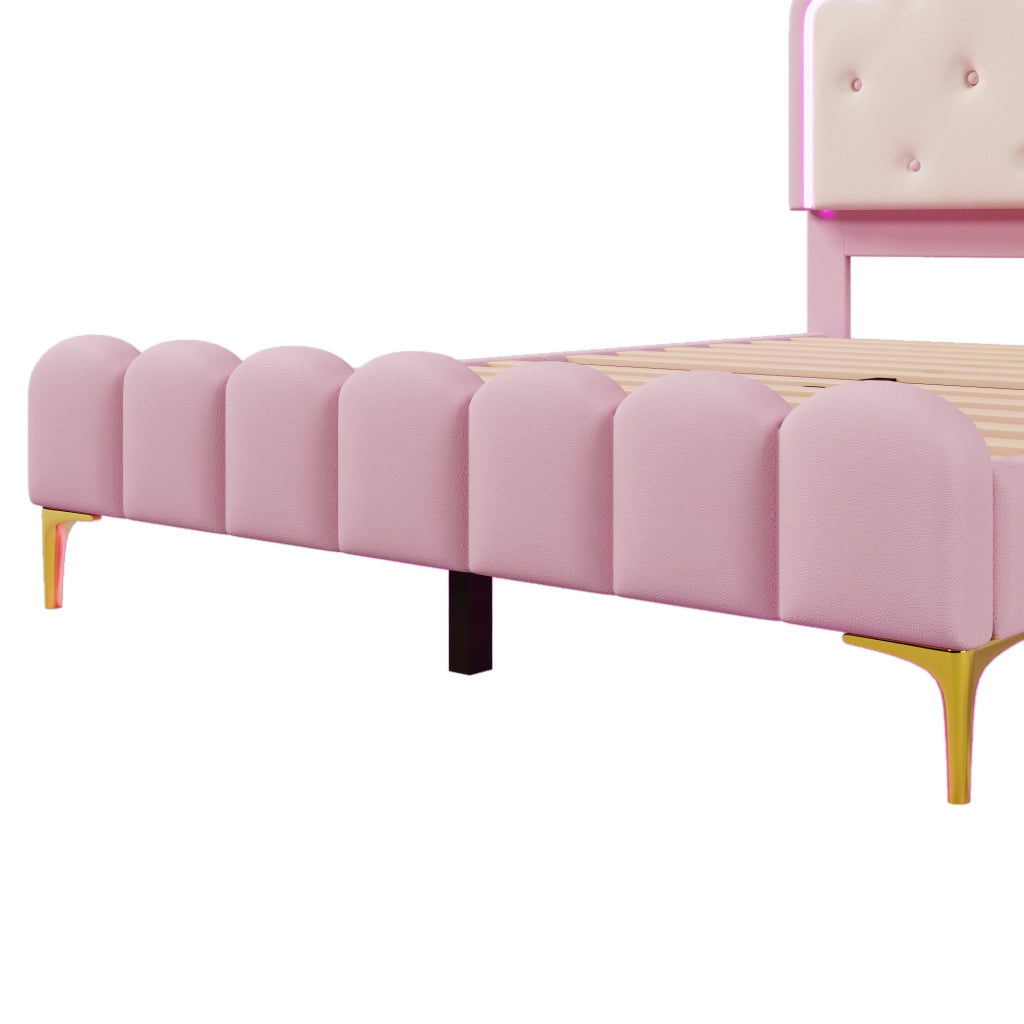 OKWISH Letto Bambini 140×200 cm, Letto Singolo con LED Regolabile, Telecomando e App, senza Materasso, in PU, Rosa