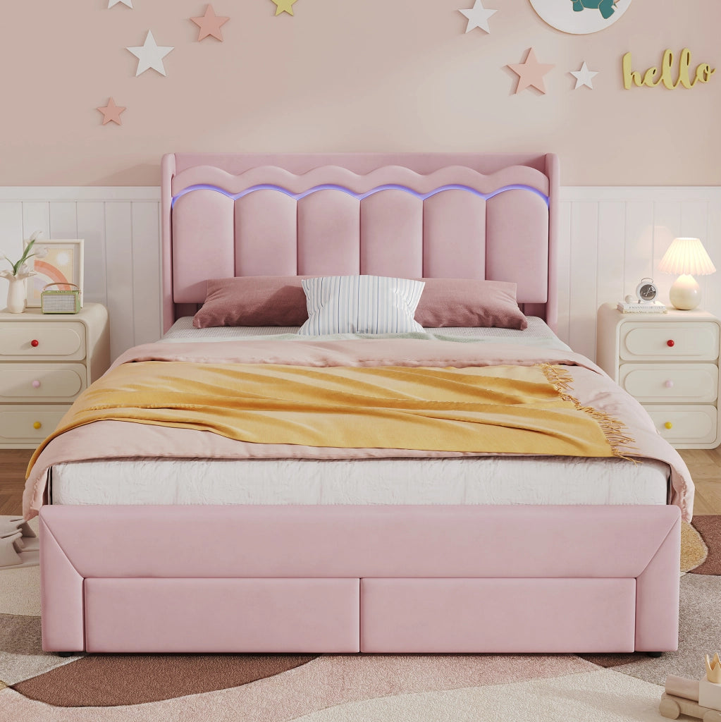 Letto imbottito per bambini 140x200 cm rosa con 2 cassetti, testata ondulata e illuminazione LED controllata via app