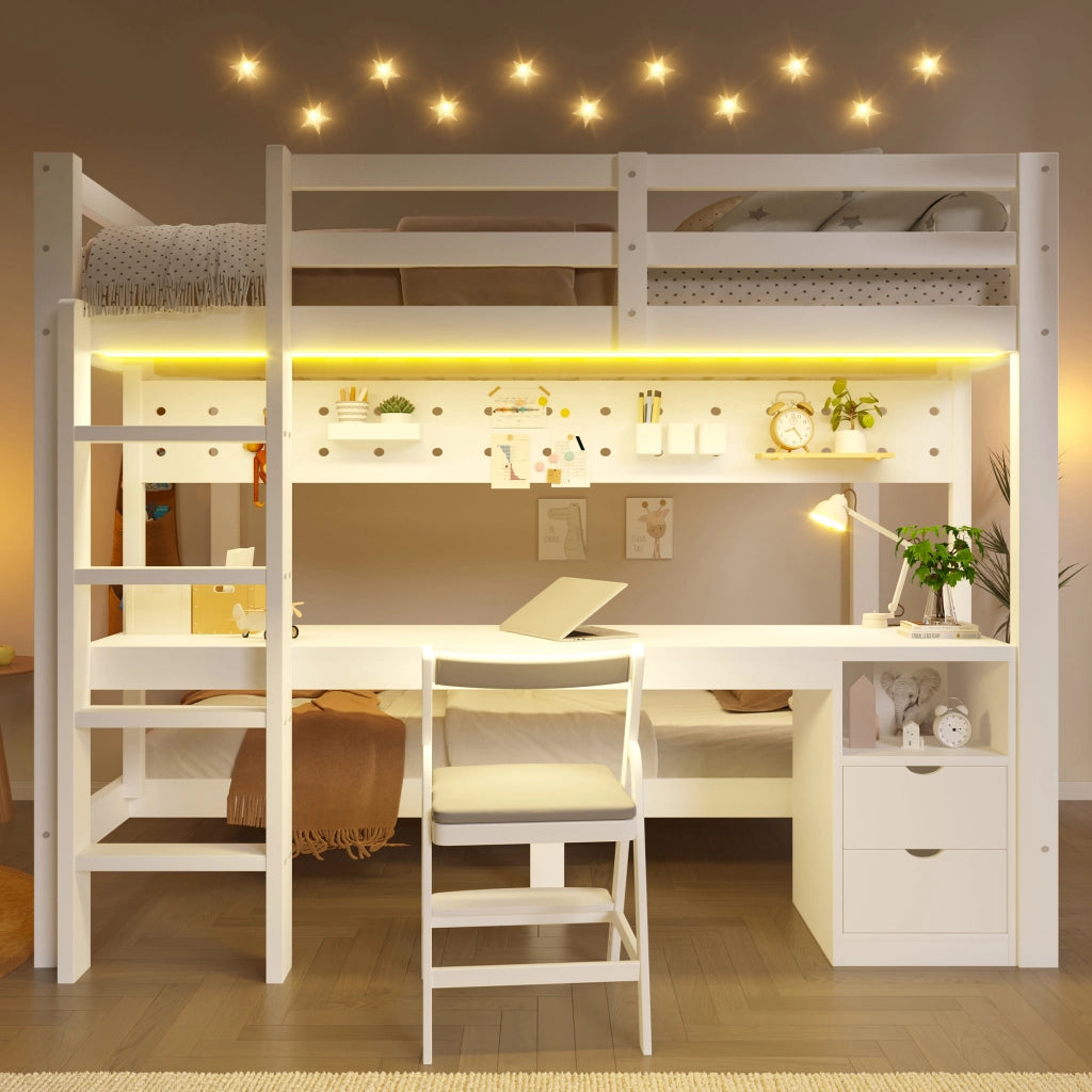 Letto a castello due livelli 140 × 200 cm e 90 × 200 cm con scrivania cassetti e barra LED