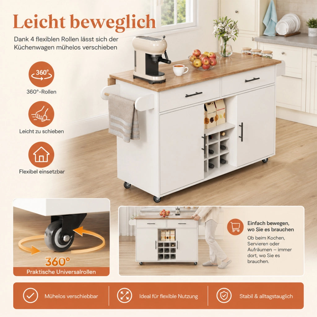 Mobile base da cucina con piano pieghevole; ruote; 2 cassetti e portabottiglie bianco 120 × 45 × 84 cm