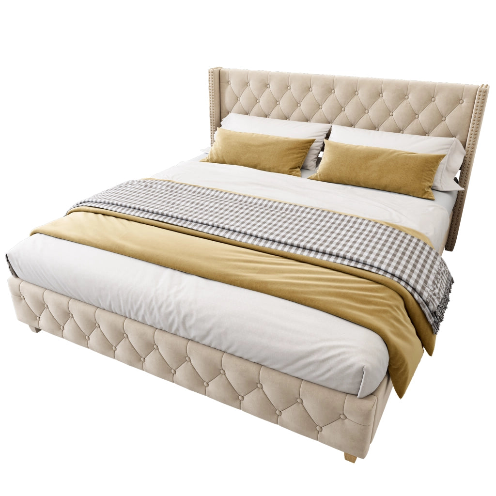 Letto matrimoniale imbottito 180 × 200 cm 2 posti con testiera capitonné; senza materasso; in velluto beige chiaro