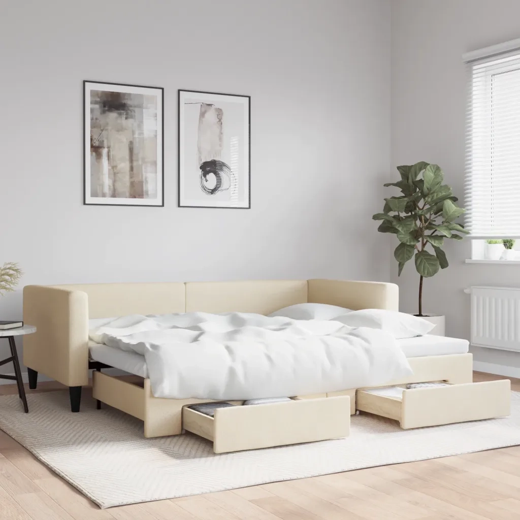 Divano letto | Sof¨¤ letto | Letto singolo Estraibile con Cassetti Crema 90x200 cm in Tessuto
