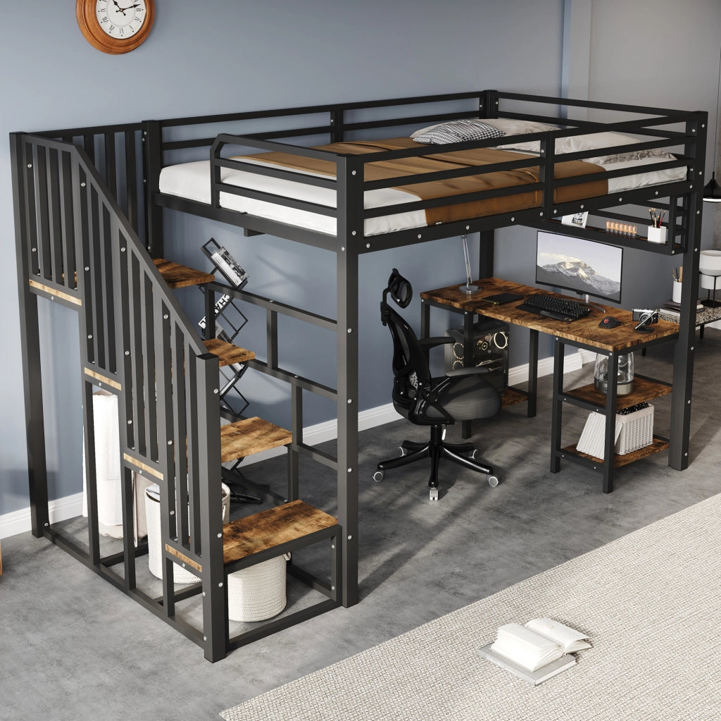 Letto a soppalco 120x200 cm con scrivania integrata e scaffale; metallo e legno; nero e noce scuro