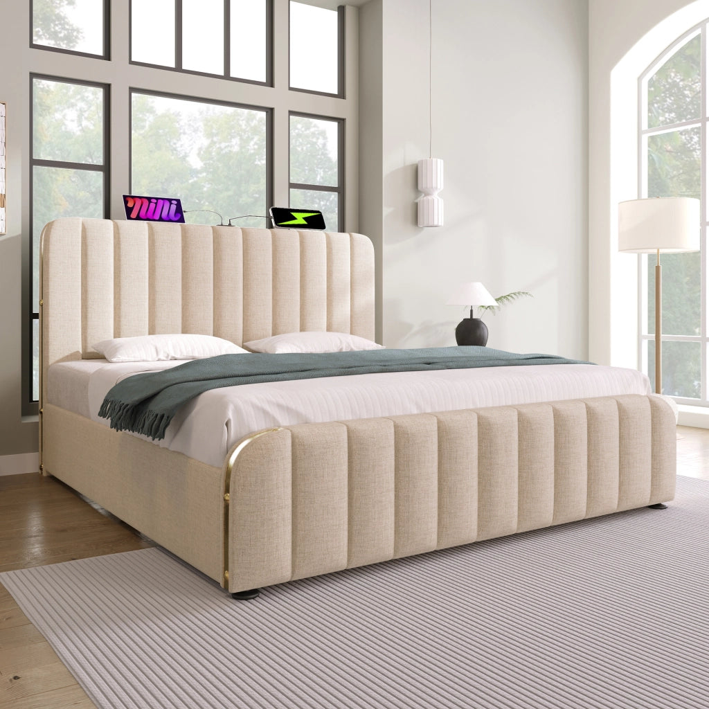 Letto matrimoniale 160x200 cm beige in lino con 4 cassetti; USB/Type-C e materasso H3