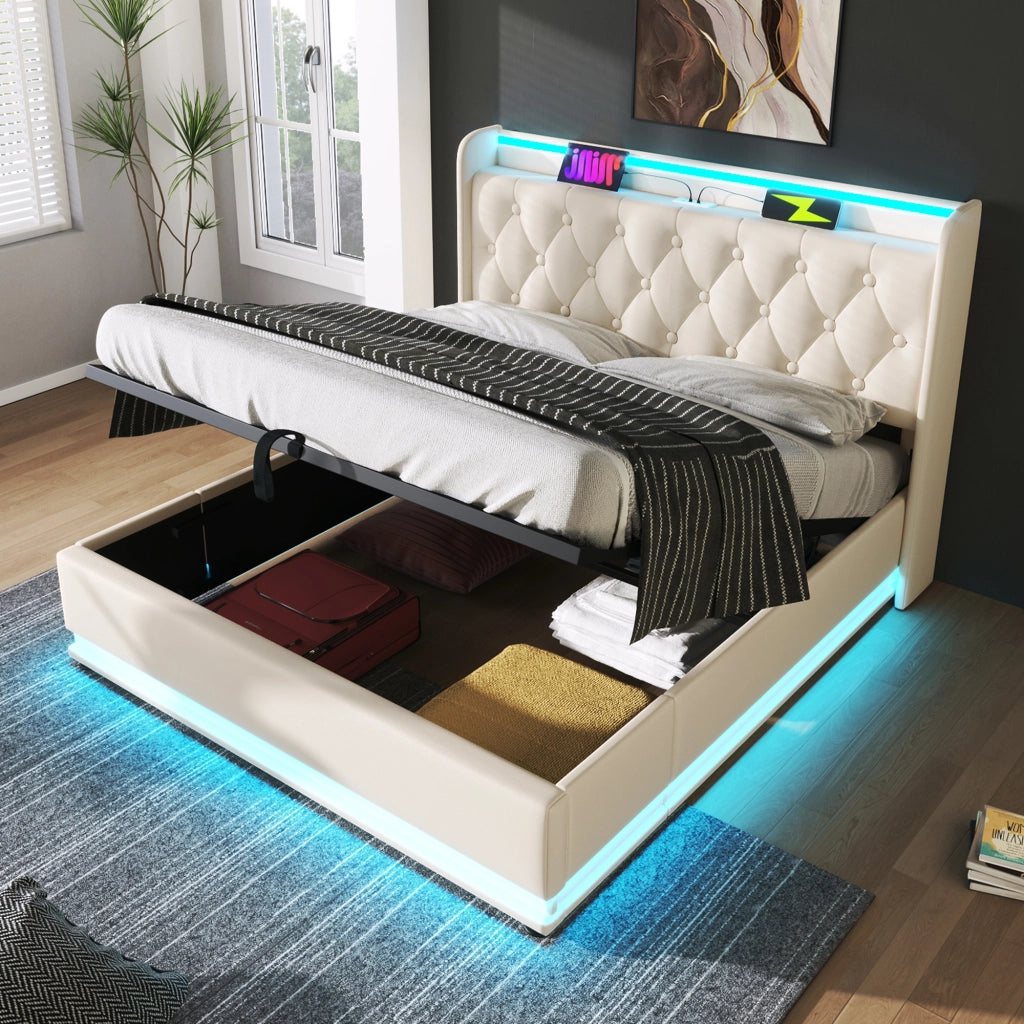 Letto matrimoniale contenitore 140 × 200 cm in PU bianco con LED a 360 gradi e ricarica USB e Type-C