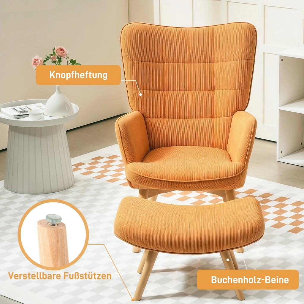 Poltrona Relax con Poggiapiedi e Gambe in Legno ¨C Minimal ¨C Tessuto Cord Marrone