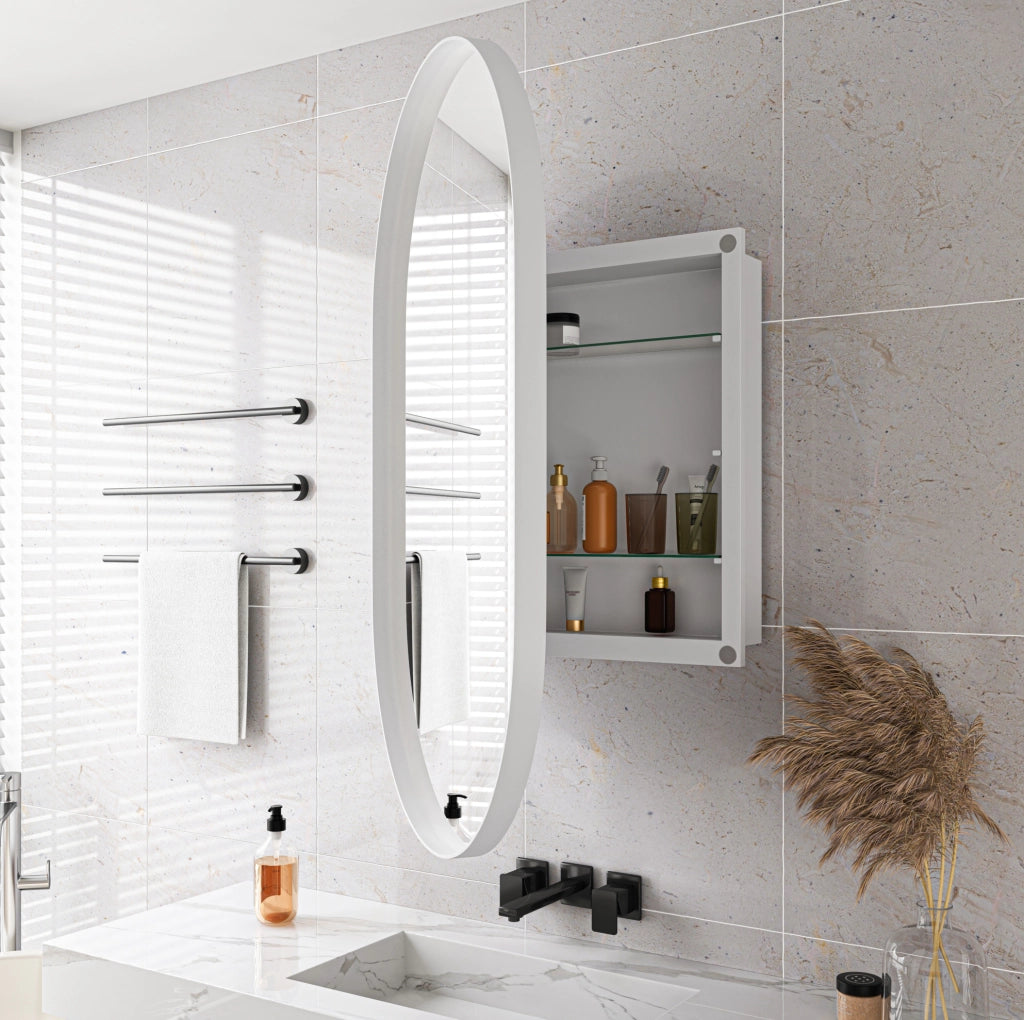 Mobiletto da bagno a incasso con specchio ovale, telaio metallico e ripiani regolabili, bianco