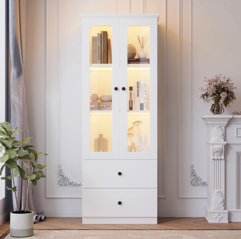 Vetrina 60x35,5x165 cm con LED Bluetooth, 2 cassetti in MDF e truciolare bianco
