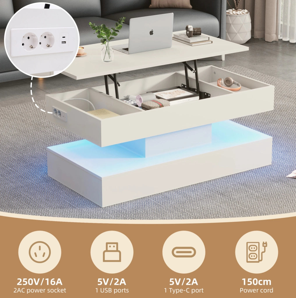 Tavolino da salotto sollevabile con LED; vano portaoggetti e prese EU 100x50x42 cm bianco