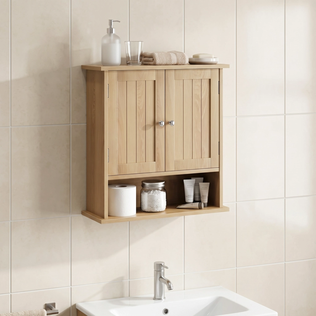 Mobile pensile da bagno in MDF effetto rovere con doppia anta e vano a giorno