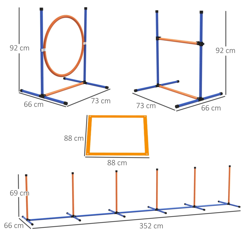 Set Agility Dog per Cani, Percorso Addestramento con Ostacoli e Slalom Regolabile per Giardino, 352 cm x 66 cm x 69 cm, Blu e Rosso