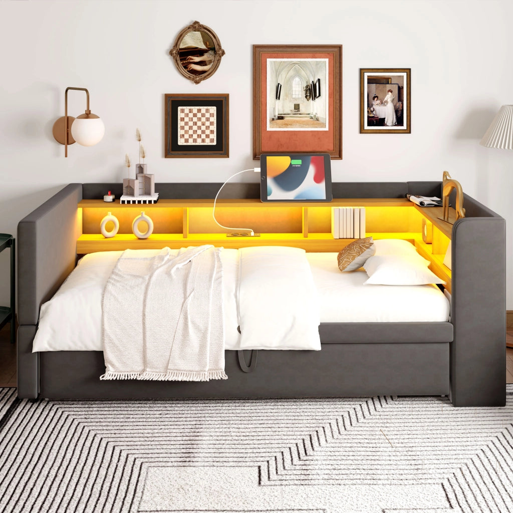 Letto Estraibile Letto Singolo 90/180 x 190 cm con LED; prese e vani contenitore