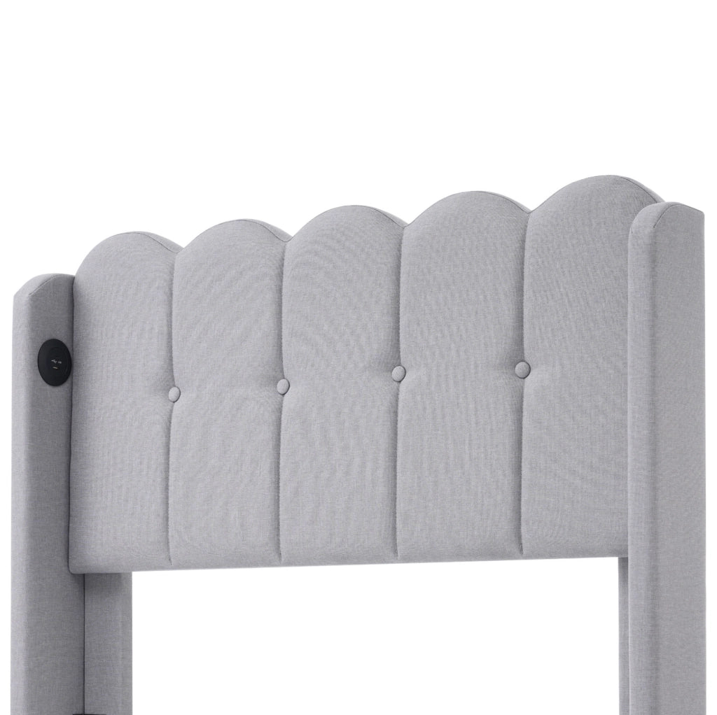 Letto imbottito 90x200 cm con USB e Type-C; struttura in lino grigio