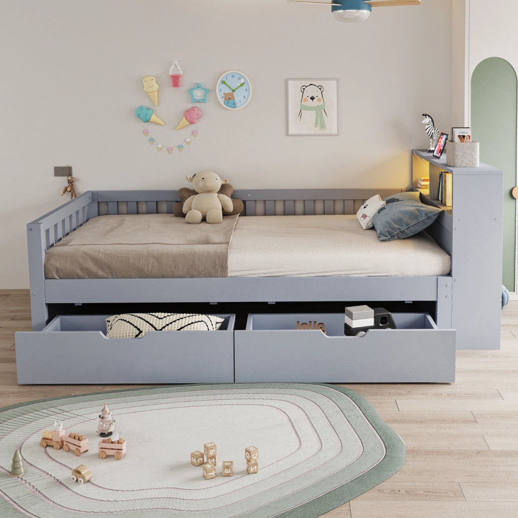 Letto singolo 90x200 cm grigio con cassetti; vani portaoggetti; sponde; LED e presa