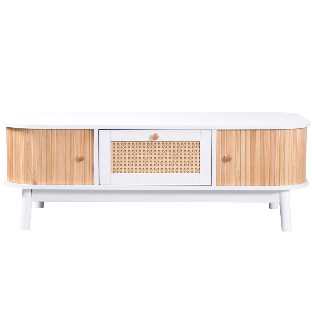 Tavolino da caffè in rattan con ante in legno massello, 110x55x38,5 cm, bianco e legno naturale