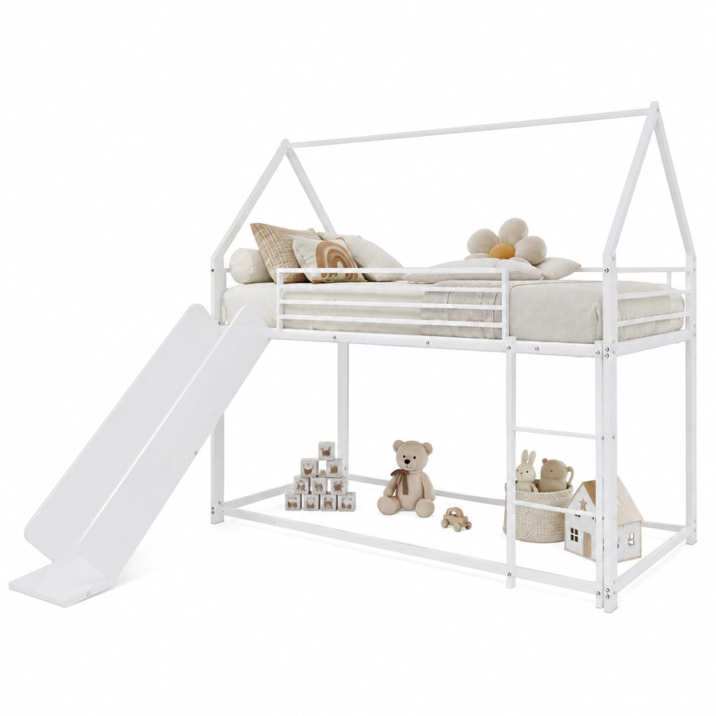 Letto a castello per bambini con scivolo design casetta in ferro bianco