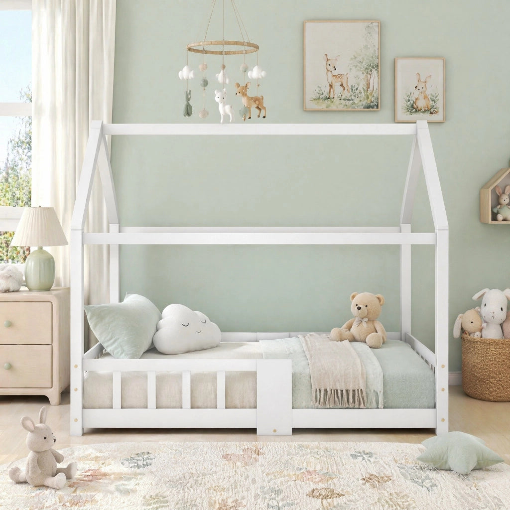 DESMIU Letto casetta bambino 90 × 200 cm con lavagna, sponda di sicurezza, senza materasso, legno massello, bianco