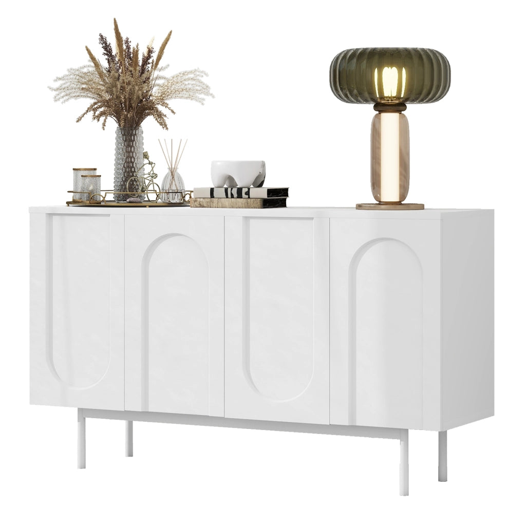 Sideboard moderno a 4 ante con motivo ad arco; 140x42x80 cm; in MDF e truciolare bianco