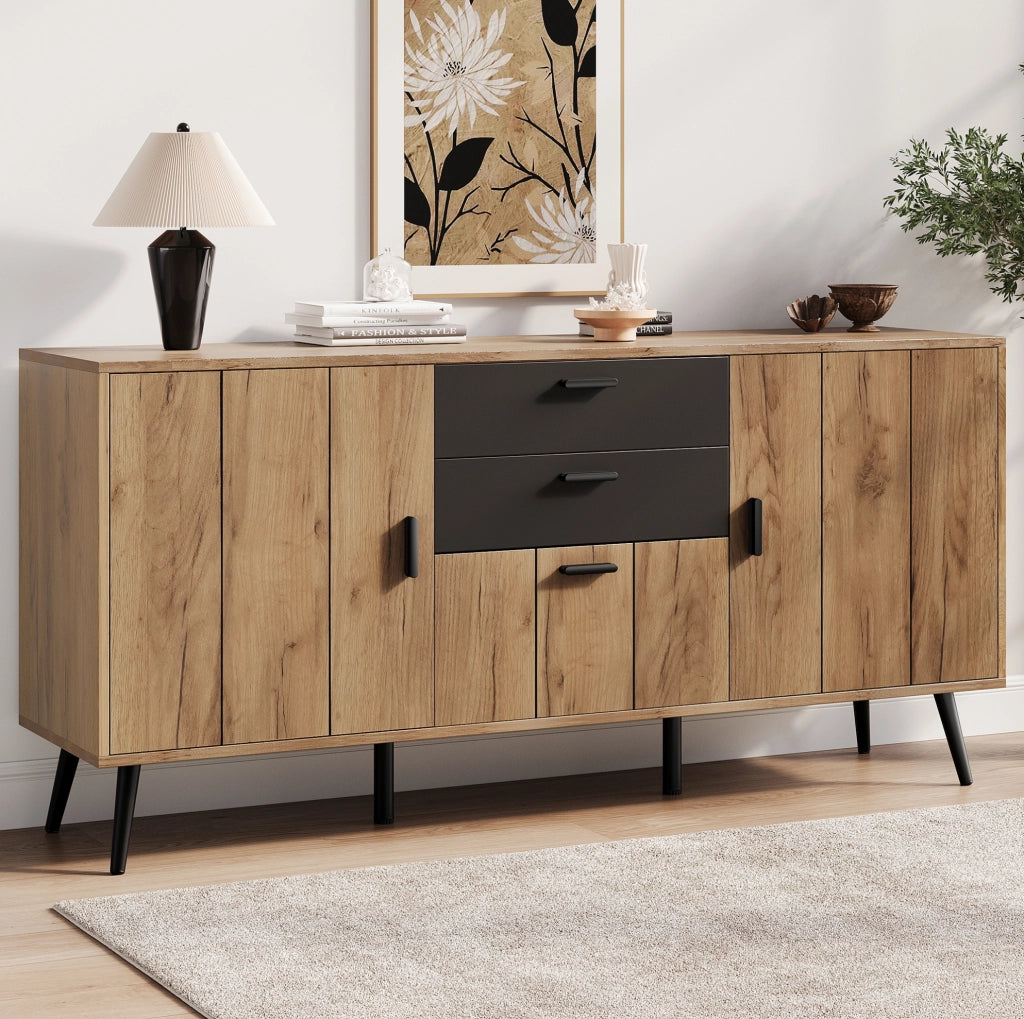 Credenza sideboard 140x35x67 cm con 2 cassetti e 3 ante nero e legno HAVRYA