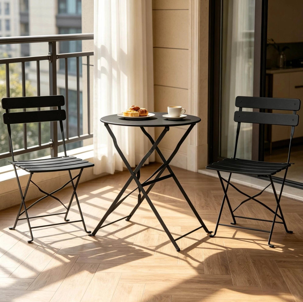 Set bistrot pieghevole da giardino in metallo nero, tavolo Ø58x70 cm, salvaspazio –