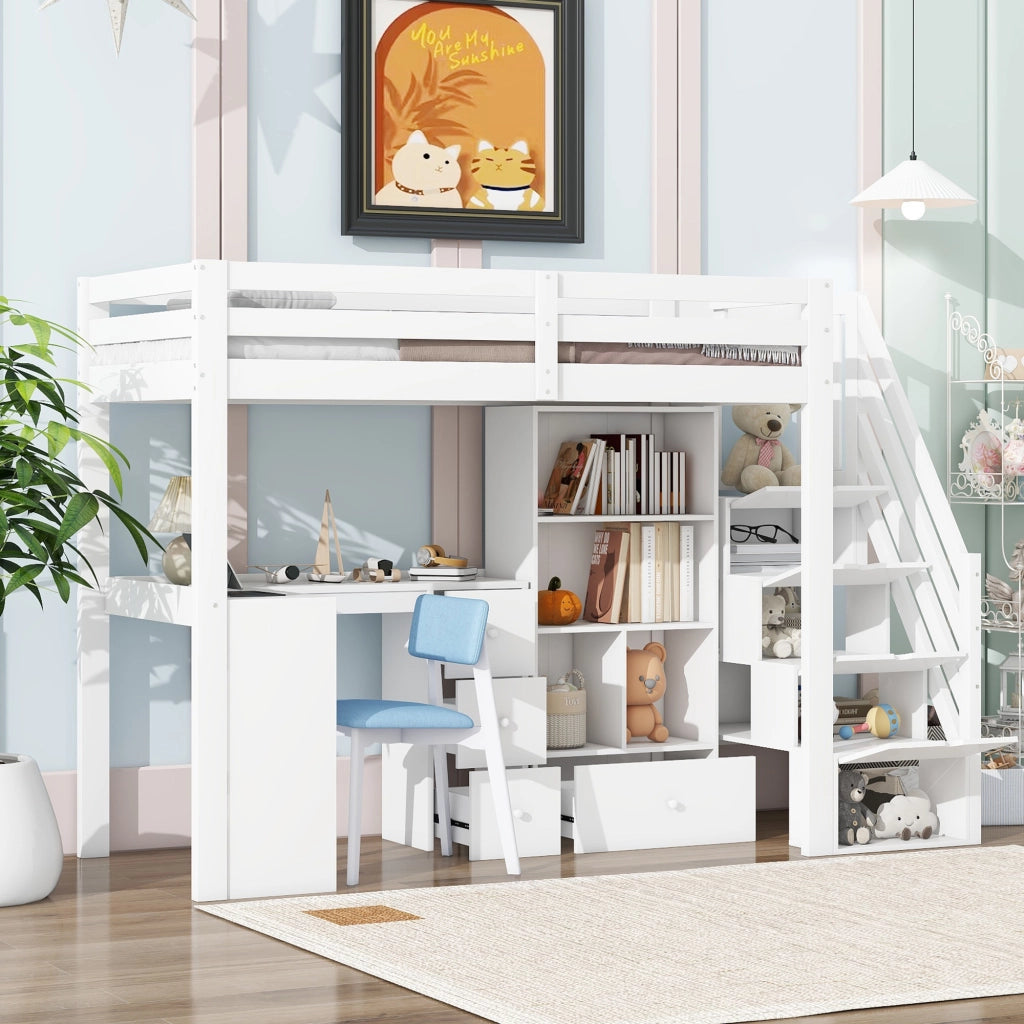 Letto a soppalco per bambini 90x200 cm con scrivania; cassetti e scaffali; bianco