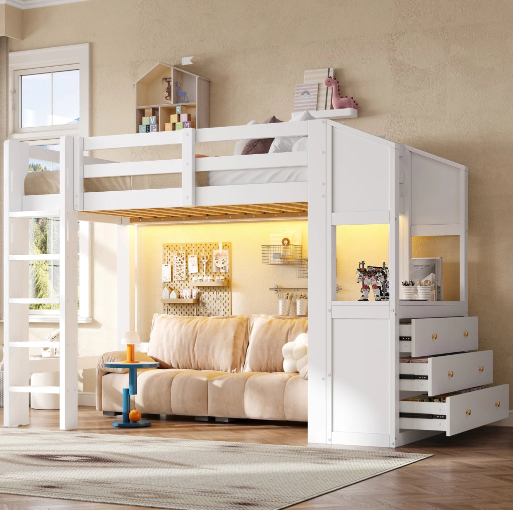 Letto a soppalco 90x200 cm bianco con 6 cassetti, scaffali e illuminazione LED
