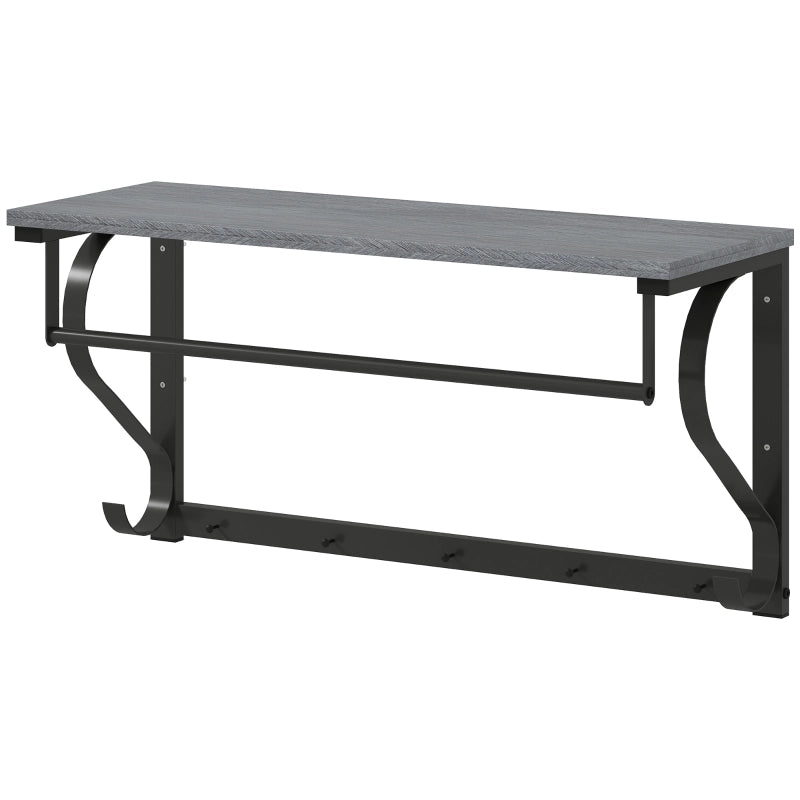 Appendiabiti da parete con ripiano superiore cinque ganci e barra appendiabiti in legno grigio e metallo nero