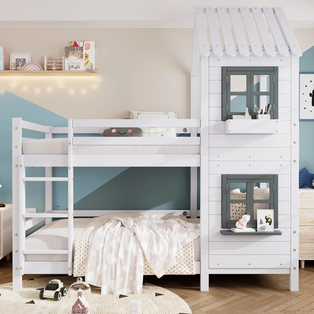 Letto a castello per bambini 90 × 200 cm, 2 posti, con finestre, scala con corrimano e barriere, senza materasso, bianco
