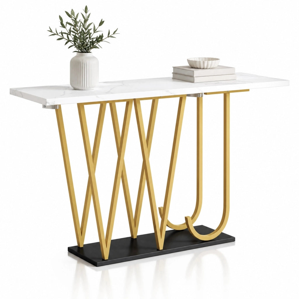Tavolo da pranzo 120x29,5x80 cm in MDF/metallo bianco, effetto marmo, con ripiano