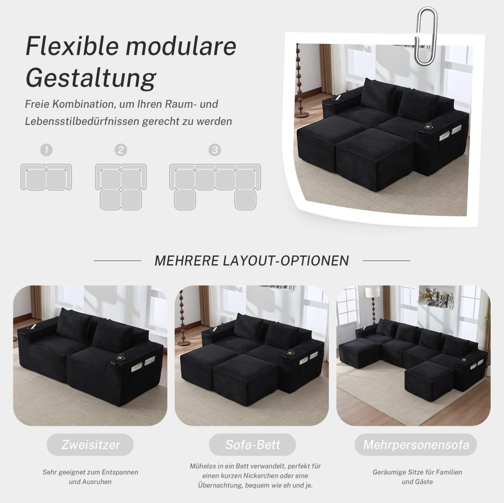 Divano a 2 posti modulare in corduroy con 2 pouf, portabicchieri e tasche laterali, imbottitura con molle e schiuma ad alta densità, 188x162x75 cm