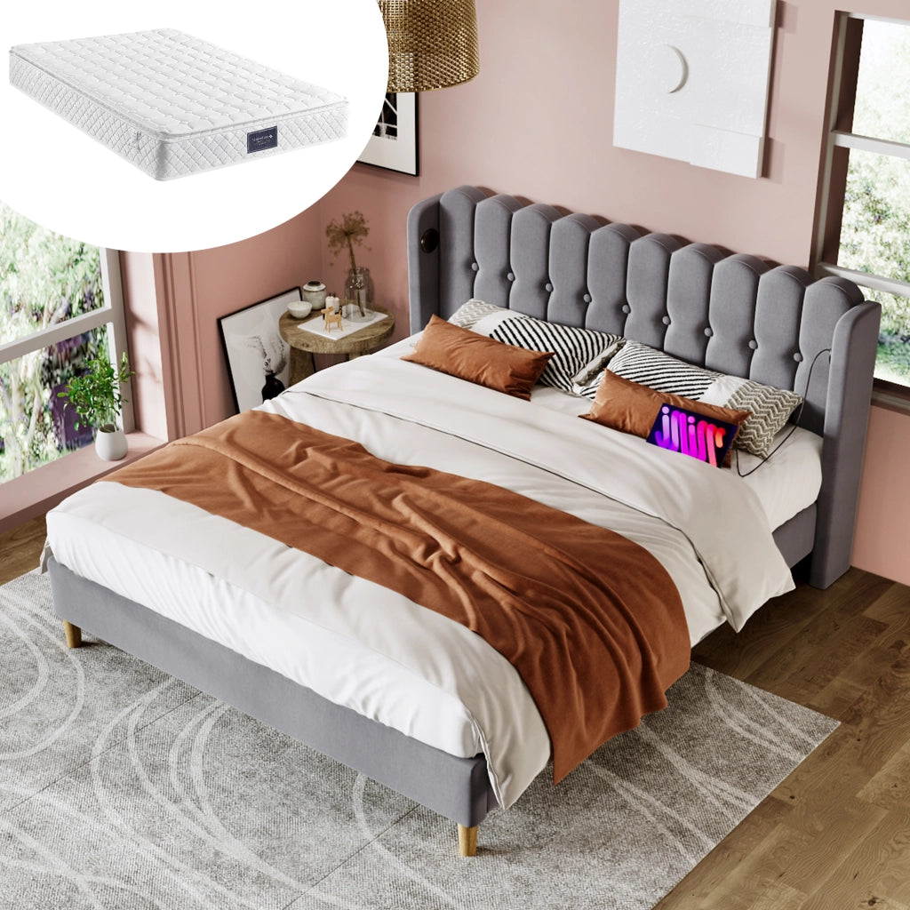 Letto matrimoniale imbottito 140 ¡Á 200 cm con materasso a molle ricarica USB e Tipo C in lino grigio