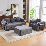 Set divano modulare 3 posti con poltrona e pouf in velluto a coste grigio scuro