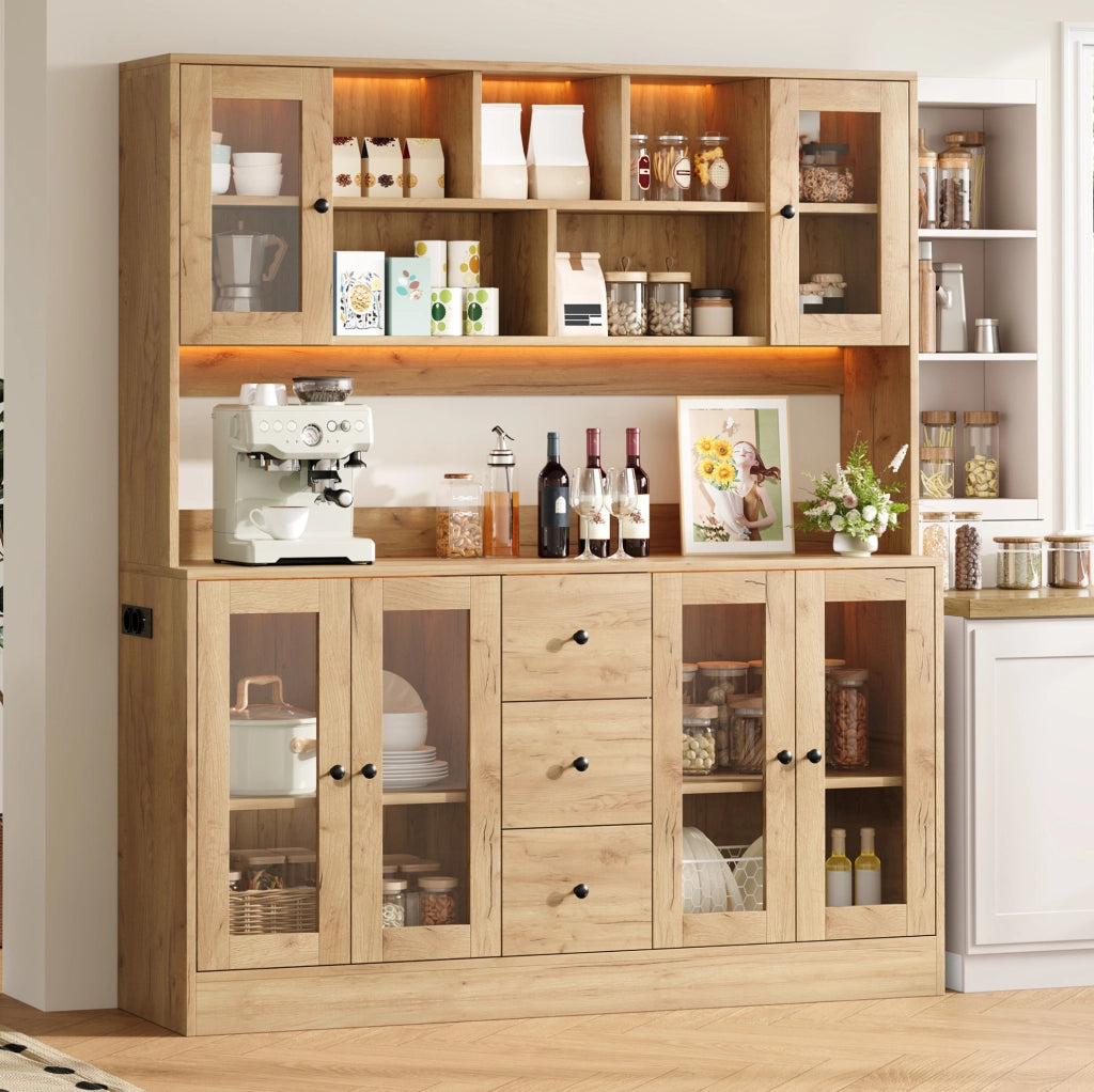 Mobile da cucina 150x40x173 cm con LED RGB, 3 cassetti e prese in MDF naturale