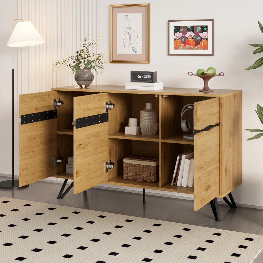 Credenza e madia a 3 ante con ripiani, effetto legno e gambe nere in metallo, per soggiorno, 140 × 40 × 75,5 cm
