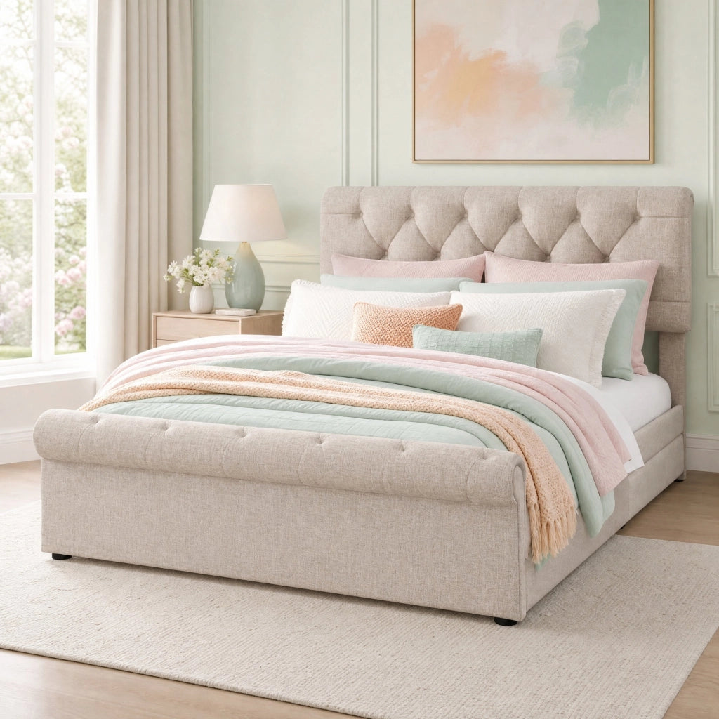 Letto matrimoniale imbottito 140 ¡Á 200 cm con 4 cassetti testiera regolabile legno metallo naturale materasso H3