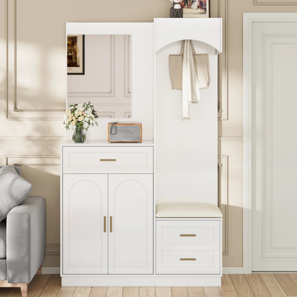 Mobile guardaroba compatto con scarpiera; specchio e panca; 110 ¡Á 33 ¡Á 185.5 cm; MDF bianco