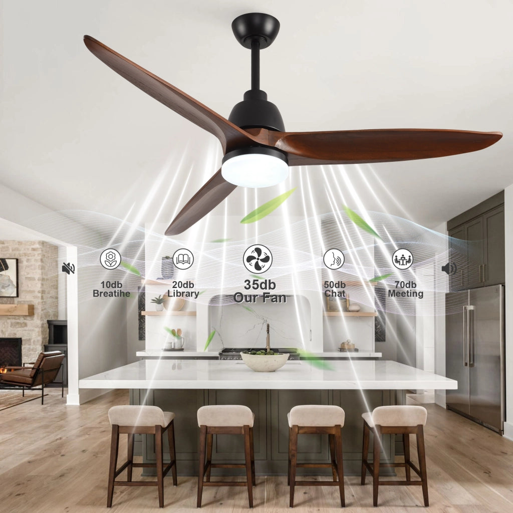 Ventilatore da soffitto 52 pollici con luce LED dimmerabile; telecomando e 3 pale in legno