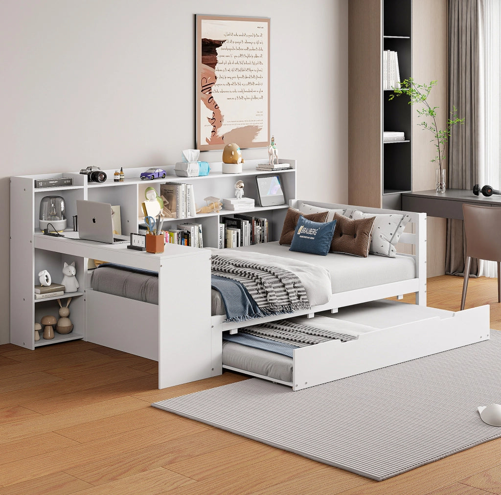 Letto multifunzione 90x200 cm in legno bianco con letto estraibile, scrivania e prese USB