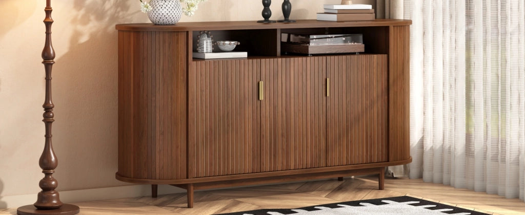 Credenza e madia con 3 ante e frontale rigato verticale per soggiorno in MDF e pannello truciolare noce 140 × 40 × 78 cm