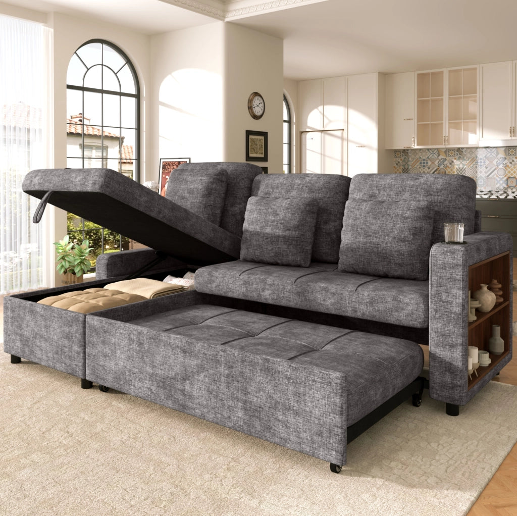 Divano letto 3 posti 201.3x126.1x86.1 cm estraibile con contenitore in ciniglia grigio