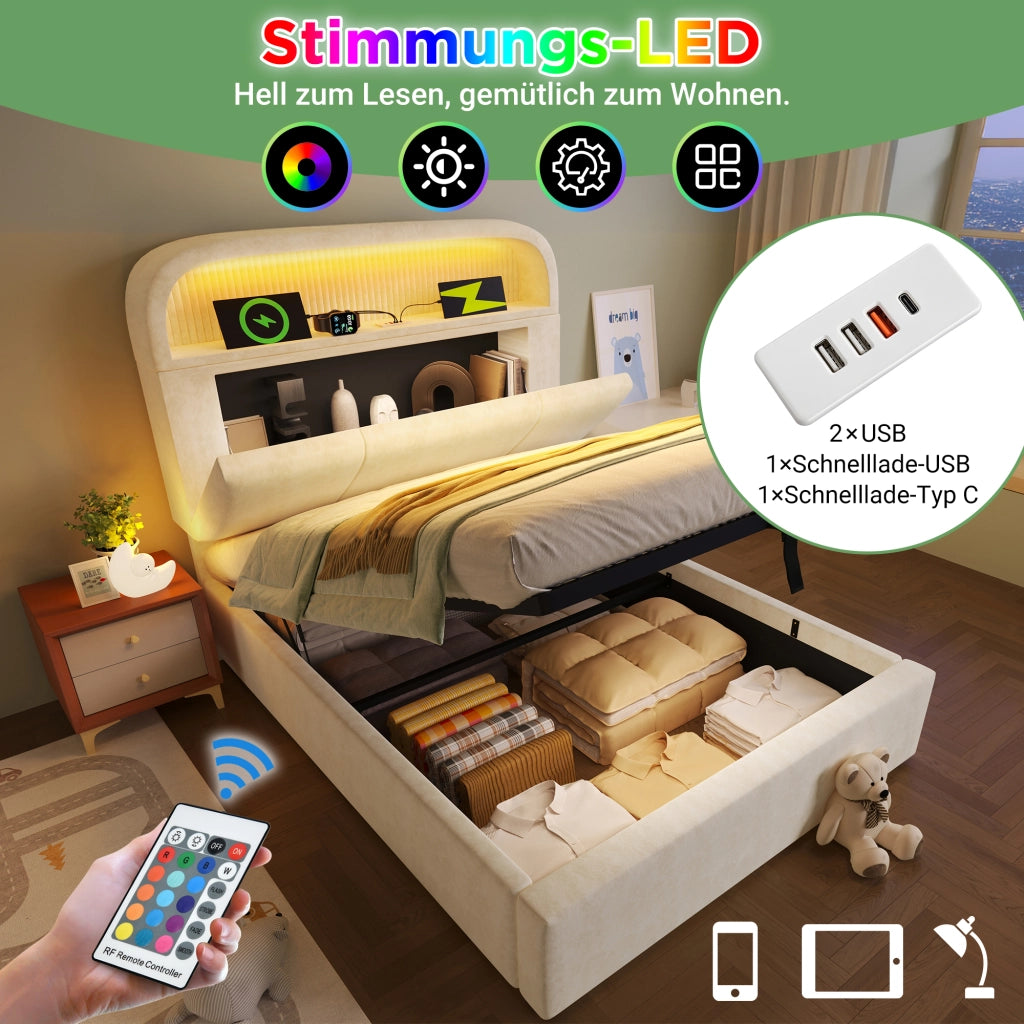 Letto singolo con contenitore 90 × 200 cm testiera regolabile LED USB e Type-C in velluto beige con rete
