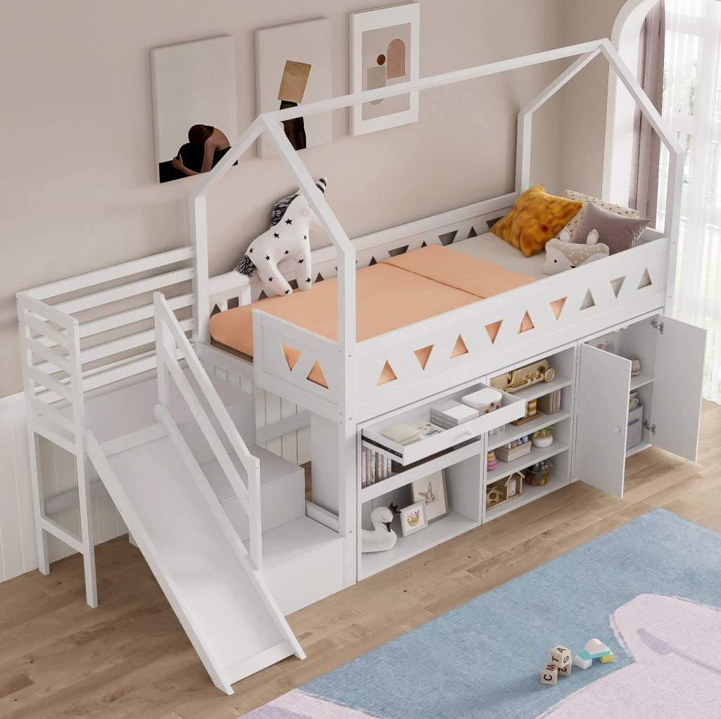 Letto per bambini 90x200 cm con scivolo, scala e cassetti in legno massello e MDF bianco