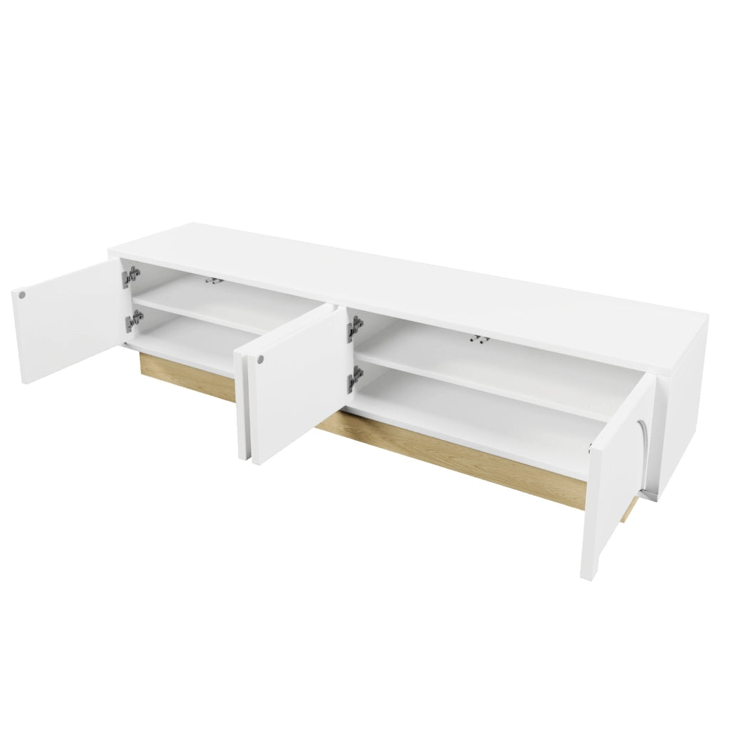 Mobile TV 175 cm con 4 ante push-to-open in MDF bianco e finitura color legno