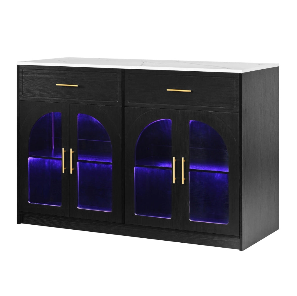 Isola da cucina 135x55x91 cm nera in MDF, LED e ripiani regolabili