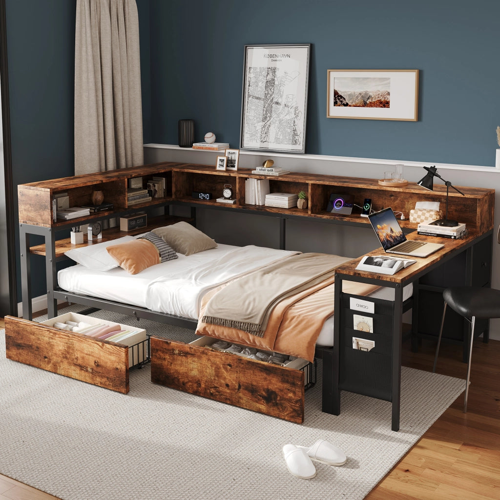 Letto 120x200 con contenitore in metallo e legno; nero e naturale; con cassetti e presa; per camera da letto